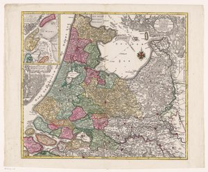 Kaart van Holland, Utrecht en een deel van Gelderland Hollannin kreivikuntien taulukko jaettu niiden kuvernöörien kesken (...) (otsikko esineessä) tekijältä Anonymous