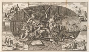 South Seas Companyn valitus, 1720 Zuidzé Company nousee huipulle tuulen vaikutuksesta / Nyt valittelee menettämistään huolestuneen olennon kanssa (otsikko esineessä) The Great Scene of Folly (sarjan nimi) tekijältä Anonymous