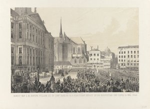 H.M. King Willem III:n saapuminen Damille H.D. astua juhlallisesti valtakunnan pääkaupunkiin 12. toukokuuta 1849 (nimi esineessä) tekijältä Anonymous