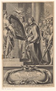 Kuningas on oikeudenmukaisuuden ja uskon peilikuva Nimisivu: Petrus Belluga ja Camillo Borello, Speculum principum, 1655 tekijältä Anonymous