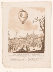 Luchtballon, Le Flezel, van Joseph-Michael Montgolfier vanhin buiten Lyon Montgolfier vanhemman rakentama aerostaattinen kone (nimi esineessä) tekijältä Anonymous