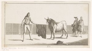 Matador haastaa härän Coleccion de las Principles suertes de una corrida de toros (sarjan nimi esineellä) Kokoelma tärkeimmistä härkätaisteluharjoituksista (sarjan nimi) tekijältä Anonymous