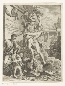 Minerva tallaa tulta hengittävän merihirviön Uusi alasaksan ja ranskan sanakirja (otsikko esineessä) Nimisivu: François Halma, Hollannin ja ranskan kielten sanakirja, 1710 tekijältä Anonymous