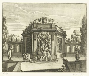 Seinäsuihkulähde puutarhapaviljongissa Architectura Curiosa Nova (sarjan nimi) tekijältä Anonymous