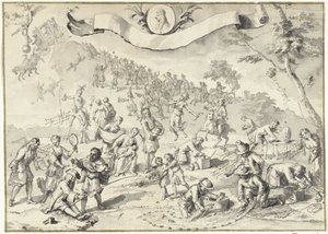 Suunnittelupiirros printtiin Ahneus yrittää ohittaa Fortunan, 1720 The Great Scene of Folly (sarjan nimi) tekijältä Anonymous