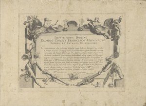 Ornamenteel cartouche tapasi aan de schilder Francesco Crescenzi Hevonen, jossa kaikenlaisia ​​aatelisia: eri puolilta maailmaa erottuneiden hevosten käyttäytyminen valittu (...) (sarjan nimi esineellä) tekijältä Anonymous