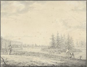 Puistomaisema kävelijöiden ja kalastajien kanssa tekijältä Anonymous