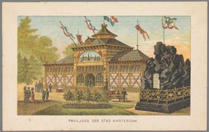 Amsterdamin kaupungin paviljonki maailmannäyttelyssä Amsterdamissa, 1883 Amsterdamin kaupungin paviljonki (otsikko esineessä) Muisto Amsterdamista vuonna 1883 (sarjan nimi esineessä) tekijältä Anonymous