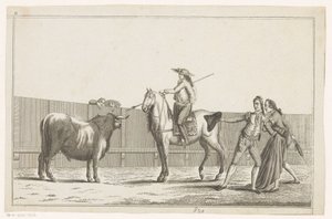 Picador tähtää keihällä härkää Coleccion de las Principles suertes de una corrida de toros (sarjan nimi esineellä) Kokoelma tärkeimmistä härkätaisteluharjoituksista (sarjan nimi) tekijältä Anonymous