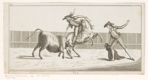 Picador upottaa keihänsä härkään Coleccion de las Principles suertes de una corrida de toros (sarjan nimi esineellä) Kokoelma tärkeimmistä härkätaistelutehtävistä (sarjan nimi) tekijältä Anonymous