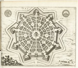 Plattegrond van Palmanova, 1726 Palma (otsikko esineessä) Euroopan, Aasian, Afrikan ja Amerikan joukot (...) Kuten myös Ranskan ja Espanjan rannikkokartat (sarjan nimi esineessä) tekijältä Anonymous