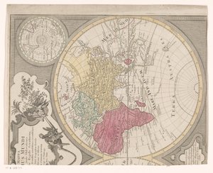 Maailmankartan oikea puolisko, joka näyttää itäisen pallonpuoliskon Mappa totius mundi : adornata juxta observations (...) (otsikko esineessä) tekijältä Anonymous