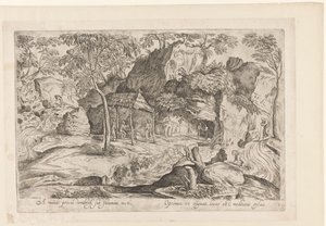 Rotsachtig landschap met dak op paleen en rechts leeuw Kaukana maailmasta, suojassa olkikaton alla, Landschappen naar Domenico Campagnola (sarjan nimi) tekijältä Anonymous