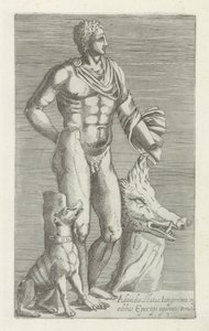 Sculptuur van Adonis met jachthond en kop van een everzwijn L
