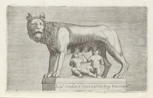 Sculptuur van de Lupa Capitolina die de tweeling Romulus en Remus zoogt Romulus ja Remus imettävät Rooman susikuvaa Capitossa (otsikko esineessä) Antiikkiveistoksia Roomassa (sarjan nimi) Rooman kaupungin muinaisista patsaista, joita on tarkoitus nähdä jul tekijältä Anonymous