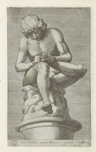 Sculptuur van een jongen met een doorn in de voet Selkäydin Rooman pronssinen simulaakri pääkaupungissa (otsikko esineessä) Antiikkiveistoksia Roomassa (sarjan nimi) Ikonit Rooman kaupungin muinaisista patsaista, joita nähdään julkisilla paikoilla (sarjan  tekijältä Anonymous