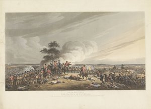 Kuona Waterloossa, 1815 Näkymä Mont St. Jeanista Waterloon taistelusta, ranskalaisille tehdyn suuren panoksen alkaessa noin kello 7 illalla 18. kesäkuuta 1815 (otsikko esineessä) tekijältä Anonymous