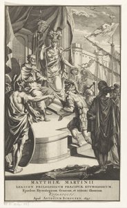 Sotilas lahjoittaa kirjan kuninkaalle Nimisivu: Matthias Martinius, Lexicon philologicum praecipuae etymologicum, 1697 tekijältä Anonymous