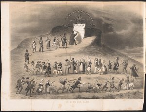 Sarjakuva Leidenin opiskelijaalmanakissa, 1854 Kansakunnan ydin (otsikko esineessä) tekijältä Anonymous