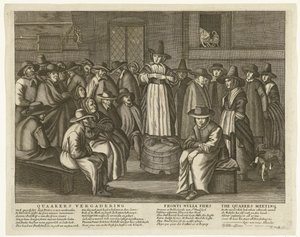 Sarjakuva Englannin kveekereista, noin 1656 Quaaker Meeting / Fronti Nulla Fides / The Quakers Meeting (otsikko esineessä) tekijältä Anonymous