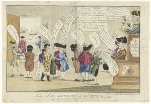 Englannin sarjakuva St. Eustatiuksesta, 1781 Myöhäinen huutokauppa St. Eustatiassa (otsikko esineessä) tekijältä Anonymous