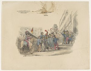 Sarjakuva Belgian kunniaristien jakamisesta, 1834 Distribution de Croix (otsikko esineessä) tekijältä Anonymous