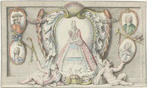 Seisova nainen, kaksi puttia ja neljä medaljonkia Muoti 1730 Mercure de France (sarjan nimi) tekijältä Anonymous