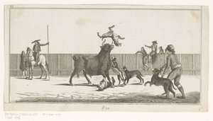 Koirien hyökkäämä härkä Coleccion de las Principles suertes de una corrida de toros (sarjan nimi esineellä) Kokoelma tärkeimmistä härkätaisteluharjoituksista (sarjan nimi) tekijältä Anonymous