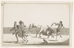Härkä haastaa banderillat Coleccion de las Principles suertes de una corrida de toros (sarjan nimi esineellä) Kokoelma tärkeimmistä härkätaisteluharjoituksista (sarjan nimi) tekijältä Anonymous