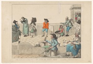 Katukauppiaita ja kerjäläisiä Pont Neufilla Un coin du Pont Neuf (otsikko esineessä) tekijältä Anonymous
