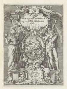 Titelprent met Rooma, Minerva en Saturnus Antiikkiveistoksia Roomassa (sarjan nimi) Ikonit Rooman kaupungin muinaisista patsaista, joita nähdään julkisilla paikoilla (sarjan nimi esineessä) tekijältä Anonymous