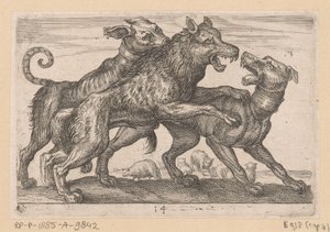 Kaksi koiraa taistelevat suden kanssa Fighting Animals (kopiot) (sarjan nimi) tekijältä Anonymous