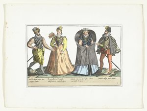 Kaksi miestä ja kaksi naista pukeutuneena muotiin Hollannissa, n. 1580 Costumes civils des Pays-Bas (nimi esineessä) tekijältä Anonymous