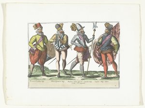 Neljä espanjalaista sotilasta univormussa, n. 1580 Puvut sotilaalliset espagnolit (nimi esineessä) tekijältä Anonymous