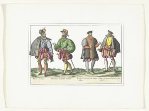 Neljä saksalaiseen muotiin pukeutunutta miestä, n. 1580 Pukuvaatimukset (nimi esineessä) tekijältä Anonymous