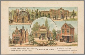 Viisi paviljonkia Amsterdamin maailmannäyttelyssä 1883 1 De Haan & De Sleutels -panimon juomahalli. 2 Lucas Bolsin rakennus - Het Loosie. 3 Lehdistöpaviljonki. 4 Kuvataide. 5 Leipä leipomo De Voorzorg. (otsikko esineessä) Muistutus aa tekijältä Anonymous