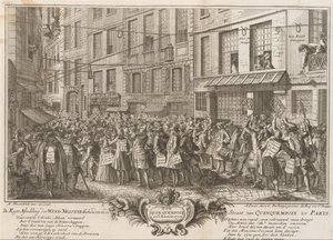 Tuulikauppa Rue Quinquempoixilla, 1720 De Regte Kuva Wind Negotie -tapahtumasta, joka pidettiin Quinquempoix