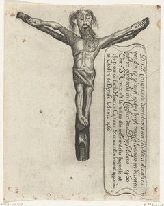 Ihmeellinen krusifiksi Deinzen luostarissa, 1460 Tämä H. Cruys on Leli-blomin juuri, joka löydettiin den Bergh van Calvarienista ja Miraculeuselyc ghebrochtista Clooster van Deynse Anno 1460:ssa (otsikko esineessä) tekijältä Anonymous