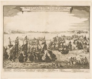 Meritaistelu Ruotsin ja Tanskan laivastojen välillä Beltissä, 1644 Praelium navale inter Suecos et Danos / Ao. 1644 / Katso Schlacht Zwieschen den Schwedischen und Dehnischen Schiefffflota (otsikko esineessä) tekijältä Anonymous