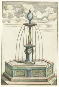 Kuusikulmainen allas, jossa lyhyt pylväs Architectura Curiosa Nova (sarjan nimi) tekijältä Anonymous