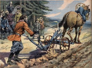 Venäläinen talonpoika kyntämässä peltoa auran avulla, jonka päälle laitetaan kynttilä. Conte de Easter -kaiverrus sanomalehdestä "" Le Petro Parisien"", 19.4.1908. Yksityinen kokoelma. tekijältä Anonymous Anonymous