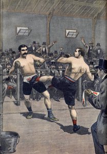 Nyrkkeilyhyökkäys: Ranskan mestarin Joseph Charlemontin (1839-1918) voitto Jerry Driscollia vastaan "savate" -tekniikalla" Le Petit Journalissa 1899
