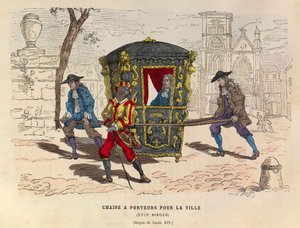 Tuoli käyttäjineen kaupungille kuningas Ludvig XIV:n alaisuudessa 1600-luvulla - Sedan-tuoli kaupunkikäyttöön, Ranskan kuninkaan Ludvig XIV:n hallituskausi 1600-luku - yksityinen kokoelma tekijältä Anonymous Anonymous