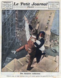 Pari äärimmäistä tanssijaa kehittyy pilvenpiirtäjän reunalla New Yorkissa. Kuva otettu 21.8.1921 ilmestyneestä "Le petit journal illustrésta". Yksityinen kokoelma tekijältä Anonymous Anonymous