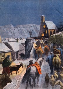 Cevennesin tapa: Betesien joulu. Kaiverrus sanomalehdestä "" Le Peute Parisien"", 27.12.1908. Yksityinen kokoelma. tekijältä Anonymous Anonymous