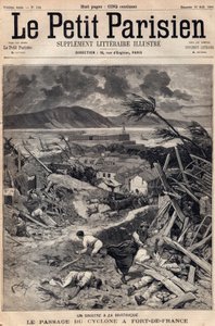 Katastrofi Martiniquella: hirmumyrskyn kulku Fort-de-Francessa (Fort de France) vuonna 1891. Kaiverrus "" Le petit Parisien"" elokuulta 1891. Yksityinen kokoelma. tekijältä Anonymous Anonymous