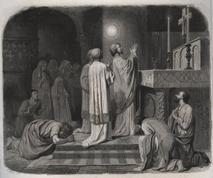 SAINT MARTIN eveque de Toursin (316-397) yläpuolelle ilmestyy tulipallo hänen työskennellessään. Kaiverrus vuodelta 1846 kirjassa "Pyhien elämää". Yksityinen kokoelma. tekijältä Anonymous Anonymous