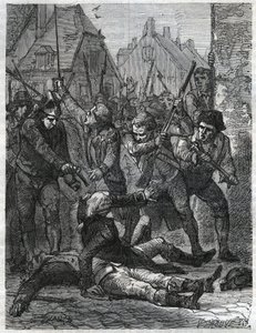 Kohtaus Ranskan vallankumouksen aikana: Theobald de Dillon (1745-1792) ja henkiupseeri nimeltä Berthois murhattiin sotilaiden ja Lillen asukkaiden toimesta, jotka syyttivät heitä maanpetoksesta. Kaiverrus vuodelta 1866 kirjassa "Histoire de la Revolution f tekijältä Anonymous Anonymous