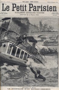 Onnettomuus Seine-joella Pariisissa - Omnibus-veneen uppoaminen: veneen miehistö hyppää Seine-jokeen pakenemaan. Le Petit Parisien, 18.12.1898. tekijältä Anonymous Anonymous