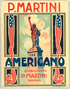 Mainos italialaisesta lyhytjuomasta Americano, amerikkalainen lippu ja vapauspatsas tekijältä Anonymous Anonymous